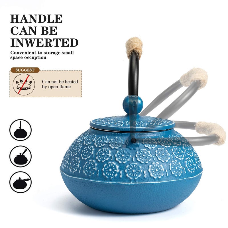 Sotya Cast Iron Teapot, 30oz/900ml Japanese Tetsubin Tea Pot with Infuser for Loose Leaf and Tea Bags, Tea Kettle Coated with Enameled Interior for Stove Top, Dark Blue - Image 3